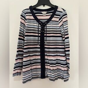 Christopher & Banks. Petite Medium Striped Long Sleeve Top Navy, Lt Blue & Pink